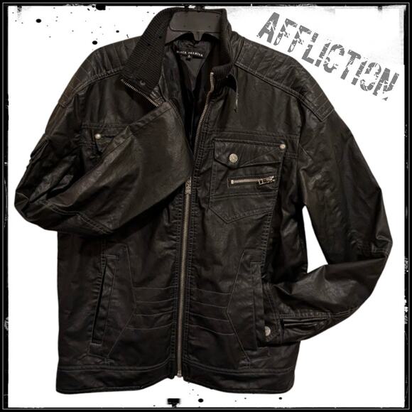 AFFLICTION Black Premium 73 Vegan Leather Zip Up Moto Jacket Zipper Pockets L - Picture 5 of 11